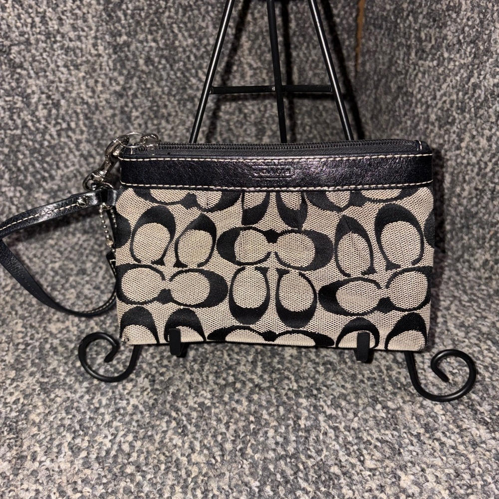Coach Black and Tan Signature Canvas Wristlet